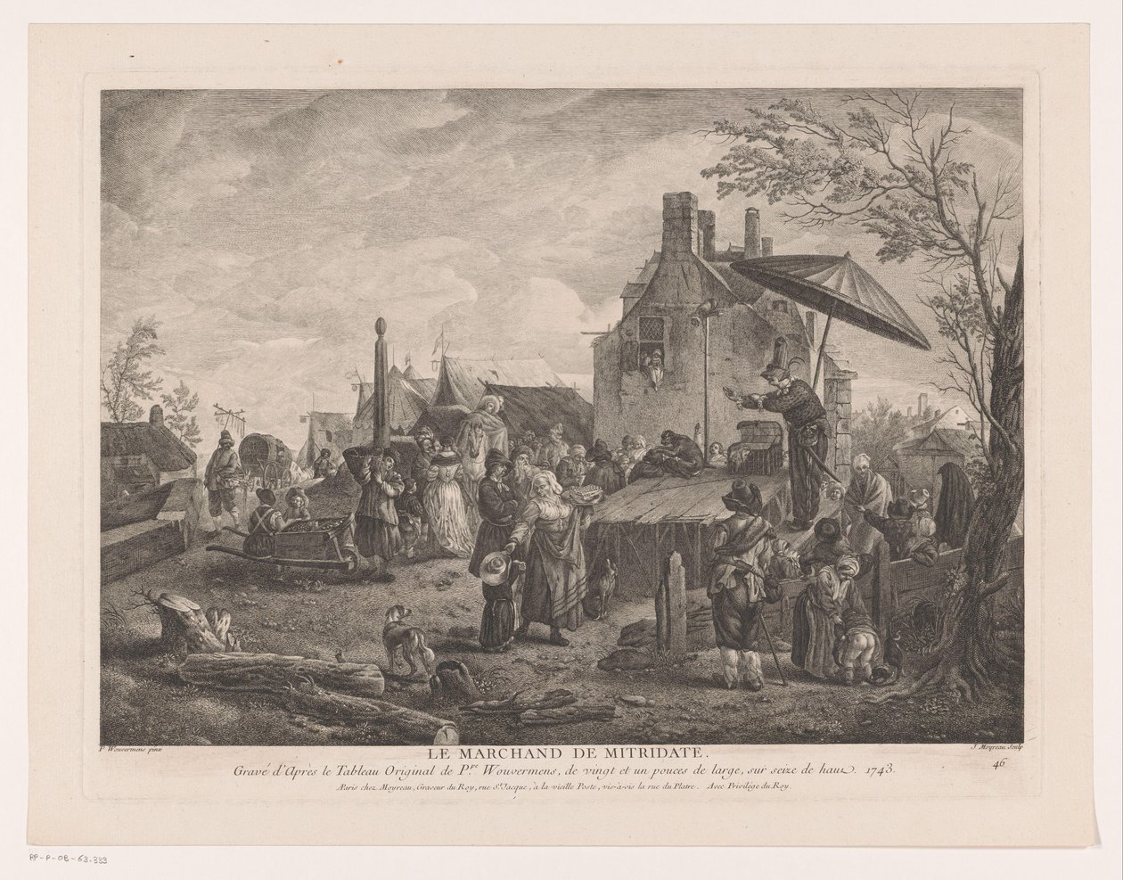 teatro del pueblo Le Marchand de Mitridate (título sobre objeto) Impresiones de pinturas de Philips Wouwerman (título de la serie) Oeuvres de Ph.pe Wouwermans Hollandois (título de la serie) de Jean Moyreau