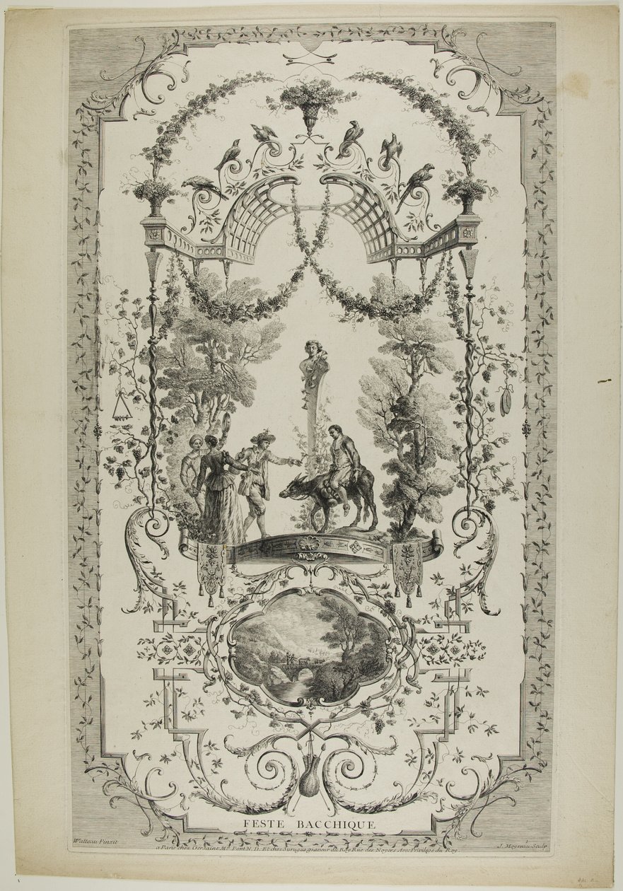 Feste Bacchique, lámina 97 de "Las obras de Antoine Watteau de Jean Moyreau