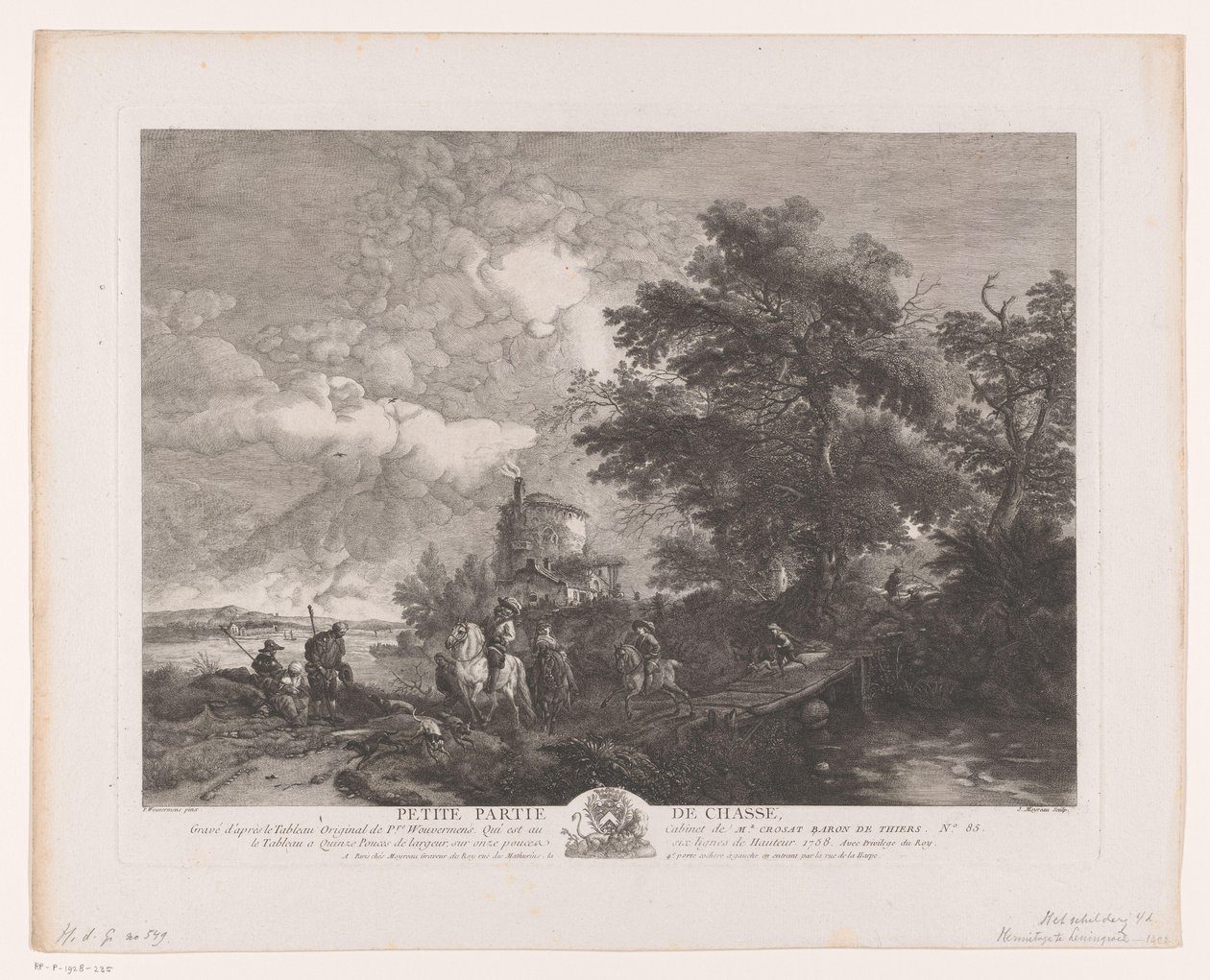 Grupo de caza en un paisaje con un puente. Petite Partie de Chasse (título sobre objeto) Impresiones de pinturas de Philips Wouwerman (título de la serie) Oeuvres de Ph.pe Wouwermans Hollandois (título de la serie) de Jean Moyreau