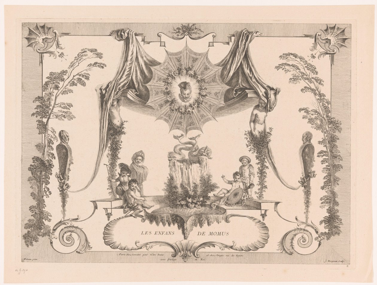 Diseño para artesonado con niños junto a una fuente. Les Enfans de Momus (título sobre objeto) Obra de Antoine Watteau (título de la serie) L