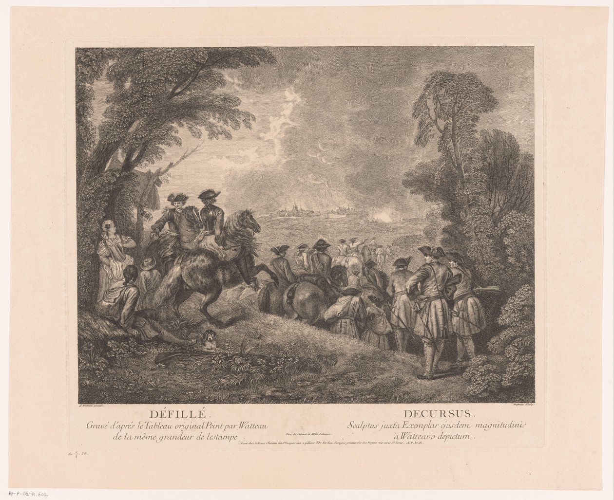 Procesión con soldados en su camino a una ciudad Défillé - Decursus (título sobre objeto) Obras de Antoine Watteau (título de la serie) El trabajo de Antoine Watteau, peintre du roy en son Académie roïale de peinture et sculpture (...) (título de la serie) de Jean Moyreau