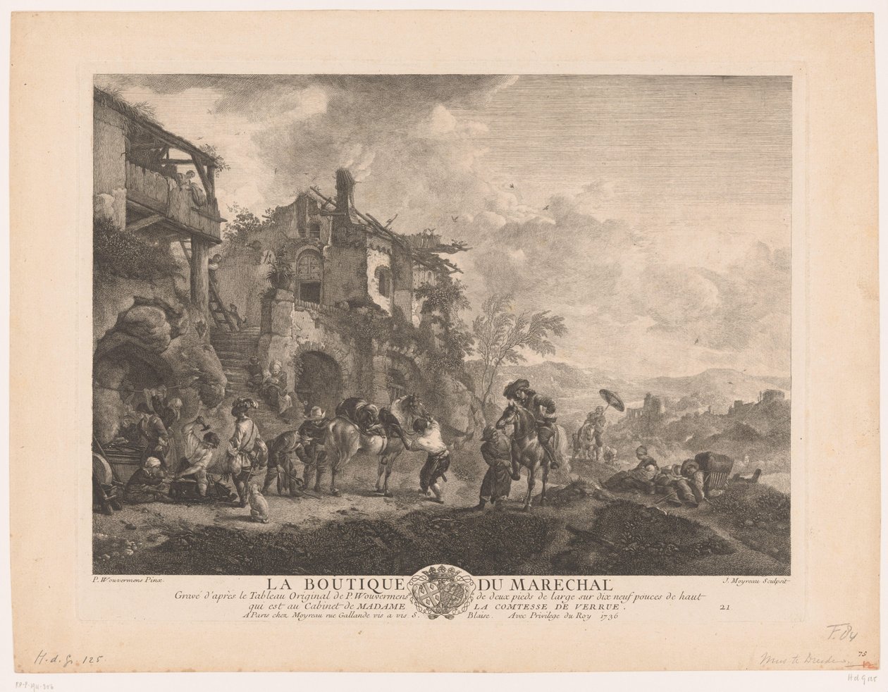 Viajeros en un herrero La boutique du marechal (título sobre objeto) Impresiones de pinturas de Philips Wouwerman (título de la serie) Oeuvres de Ph.pe Wouwermans Hollandois (título de la serie) de Jean Moyreau