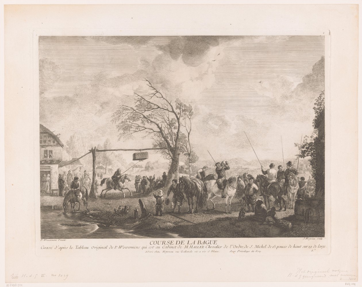 Signo de anillo en una posada de pueblo Cours de la bague (título sobre objeto) Impresiones de pinturas de Philips Wouwerman (título de la serie) Oeuvres de Ph.pe Wouwermans Hollandois (título de la serie) de Jean Moyreau