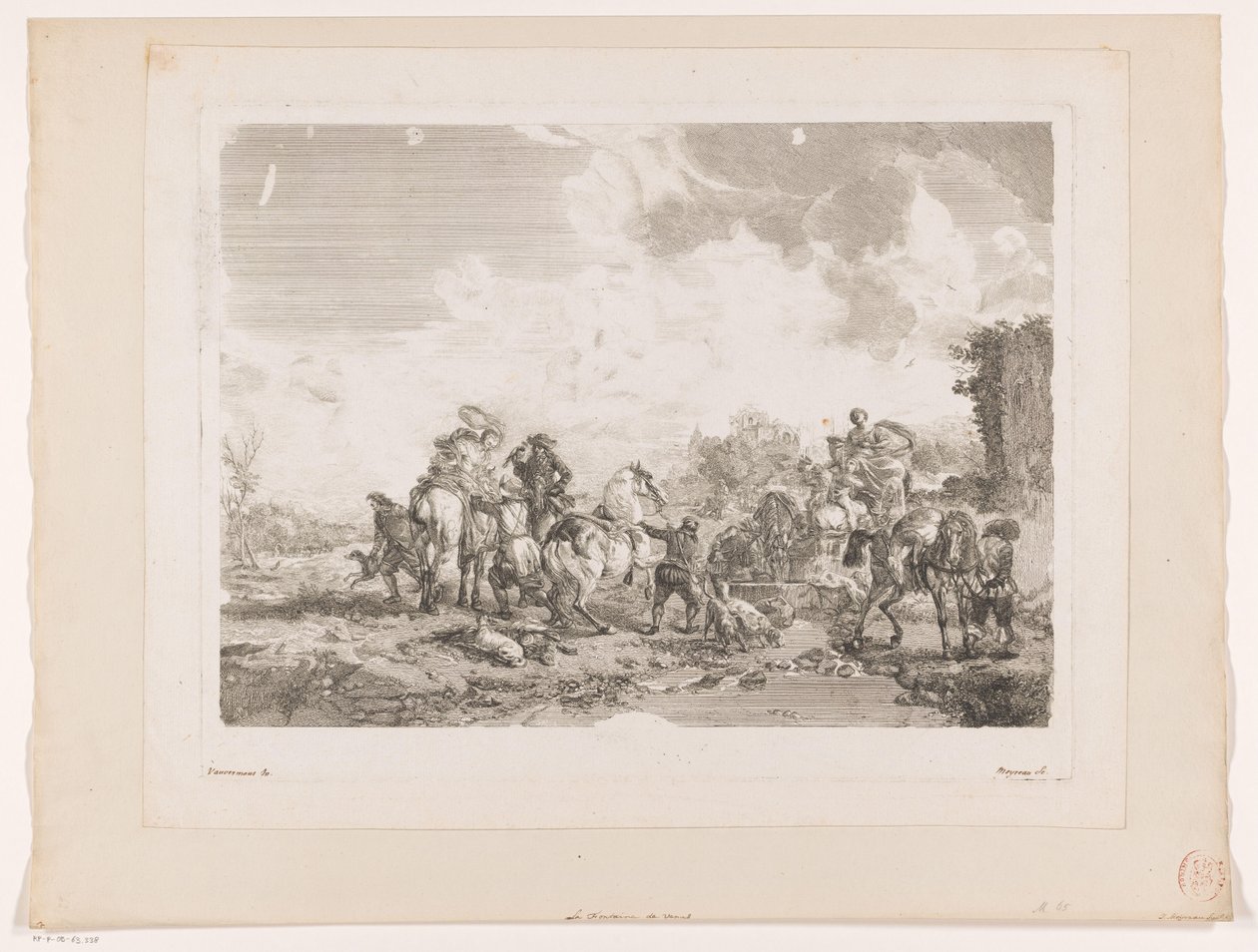Partida de caza descansando junto a una fuente La Fontaine de Venus Impresiones de pinturas de Philips Wouwerman (título de la serie) Oeuvres de Ph.pe Wouwermans Hollandois (título de la serie) de Jean Moyreau