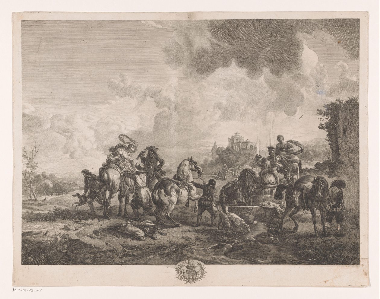 Partida de caza descansando junto a una fuente La Fontaine de Venus Impresiones de pinturas de Philips Wouwerman (título de la serie) Oeuvres de Ph.pe Wouwermans Hollandois (título de la serie) de Jean Moyreau
