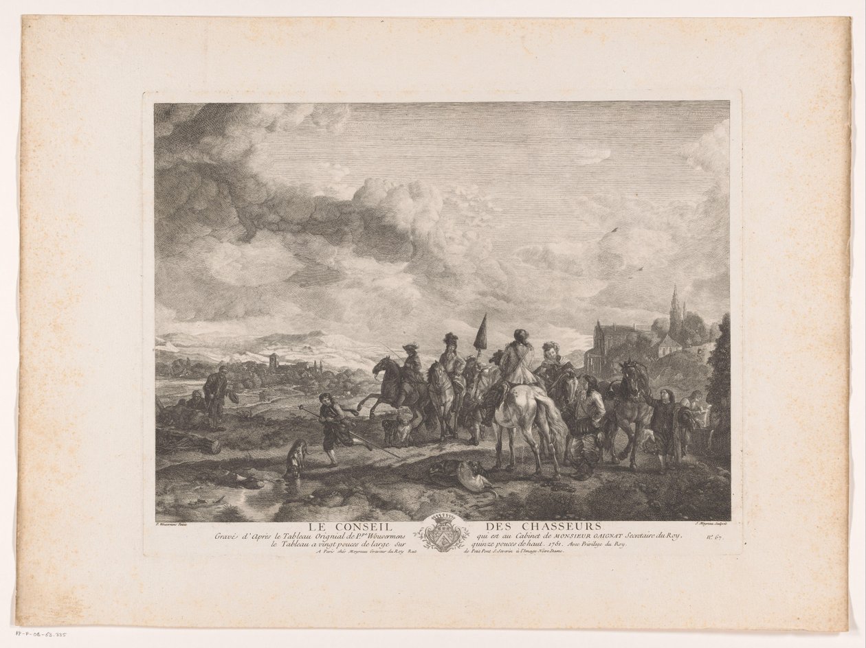 Partida de caza descansando en un paisaje Le Conseil des Chasseurs (título sobre el objeto) Impresiones de pinturas de Philips Wouwerman (título de la serie) Oeuvres de Ph.pe Wouwermans Hollandois (título de la serie) de Jean Moyreau