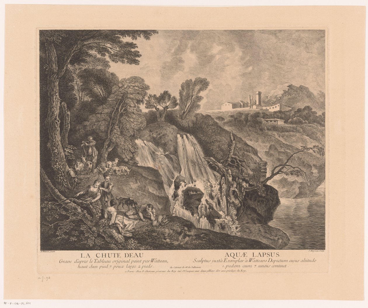 Rustende figuren bij een waterval La Cascada - Aquae Lapsus (título sobre el objeto) Obra de Antoine Watteau (título de la serie) La obra de Antoine Watteau, pintor del rey en su Real Academia de Pintura y Escultura (...) (título de serie) de Jean Moyreau