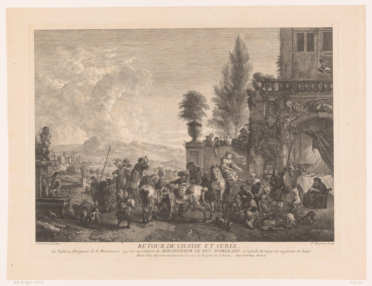 Partido de caza que regresa Devolver el chasse et curée (título sobre el objeto) Impresiones de pinturas de Philips Wouwerman (título de la serie) Oeuvres de Ph.pe Wouwermans Hollandois (título de la serie) de Jean Moyreau