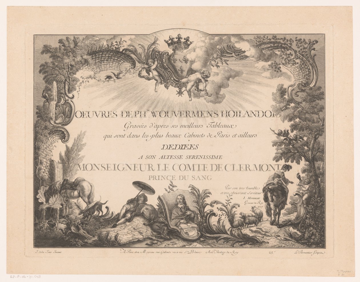Lámina de título con figuras y animales en un paisaje, con el retrato de Philips Wouwerman Impresiones de pinturas de Philips Wouwerman (título de la serie) Oeuvres de Ph.pe Wouwermans Hollandois (título de la serie sobre el objeto) de Jean Moyreau