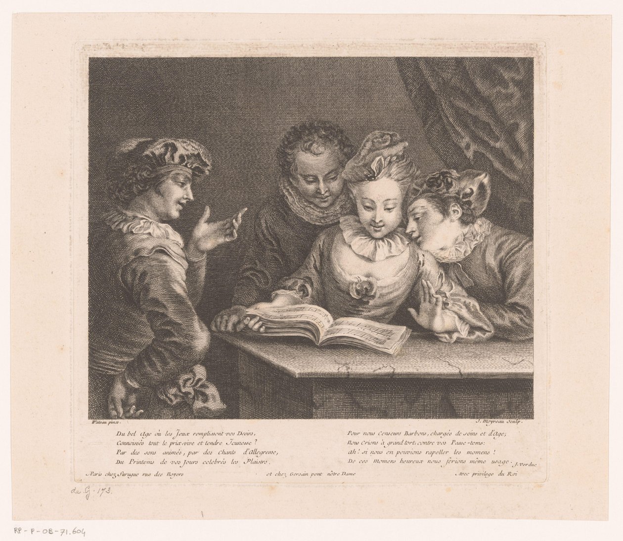mujer joven, canto, y, tres, hombres jóvenes, en, un, mesa Obra de Antoine Watteau (título de la serie) L