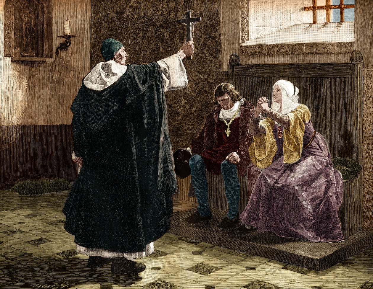 El gran inquisidor español, Fray Tomás de Torquemada (1420-1498), entre los reyes católicos Fernando II e Isabel I de Castilla. de Jean Paul (after) Laurens