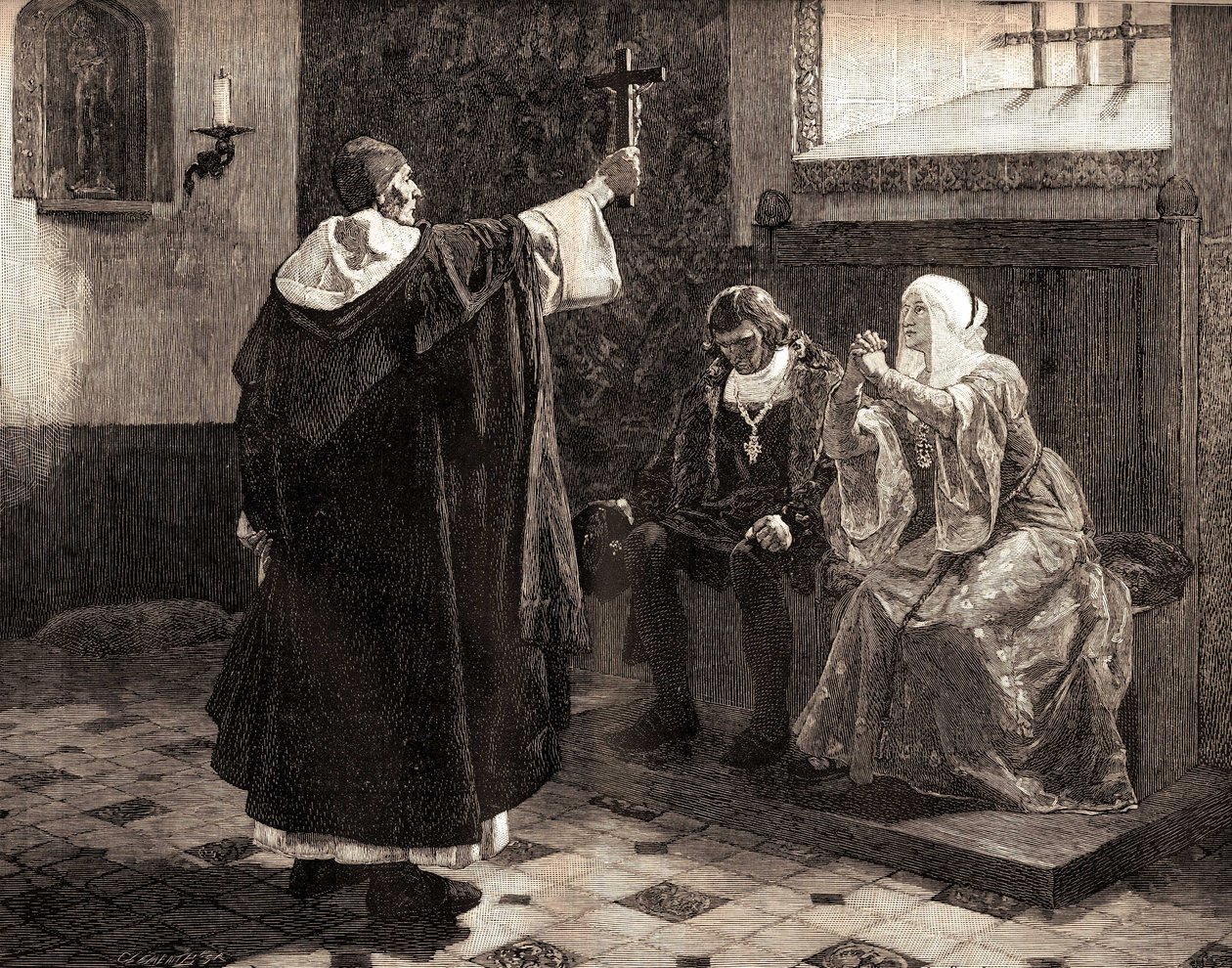 El gran inquisidor español, Fray Tomás de Torquemada (1420-1498), entre los reyes católicos Fernando II de Aragón e Isabel de Castilla de Jean Paul (after) Laurens