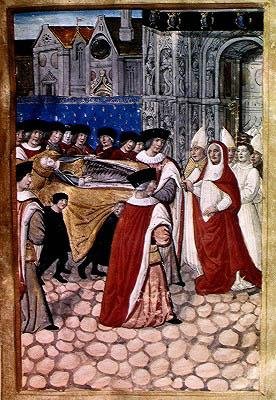 La llegada del cuerpo de la Duquesa Reina y la recepción por el Cardenal Felipe de Luxemburgo, del relato del funeral de Ana de Bretaña (1477-1514) 1515 de Jean Perreal