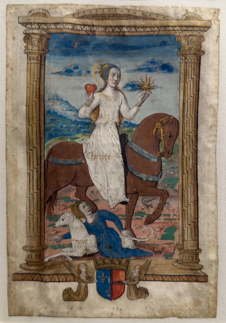 La caridad y la envidia. Les rondeaux des vertus, después de 1515 (Pergamino pintado e iluminado) de Jean Pichore
