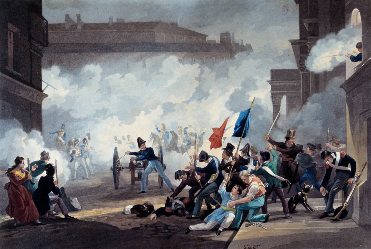 Revolución de 1830: Un estudiante de la Escuela Politécnica se apoderó de un cañón durante la captura del Palais-Royal el 28 de julio de Jean Pierre Marie Jazet