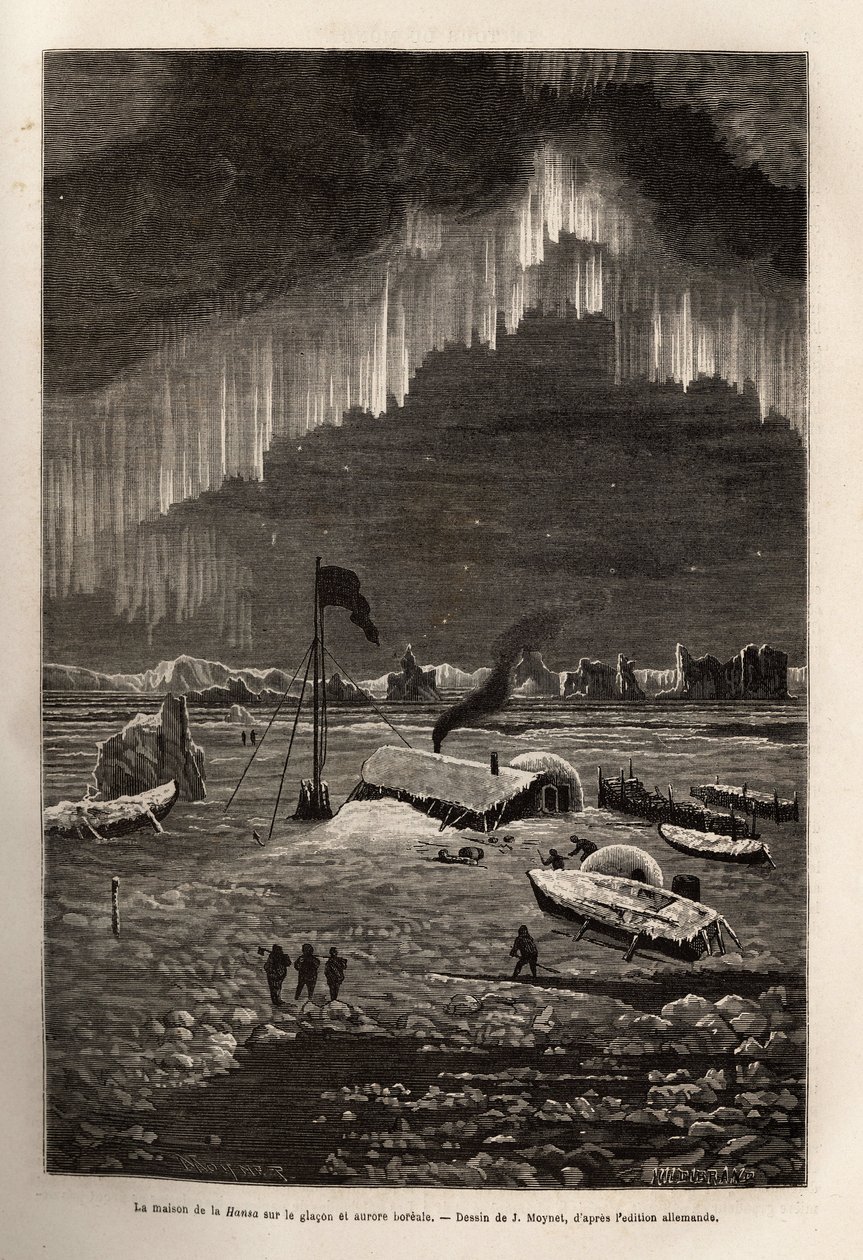 Después del abandono de su barco, la tripulación de La Hansa construyó un campamento en un glacón derivado, iluminado por la aurora boreal, grabado según el dibujo de J.Moynet, ilustrando el viaje de los barcos La Germania y La Hansa al Polo Norte, en 1869 de Jean Pierre Moynet