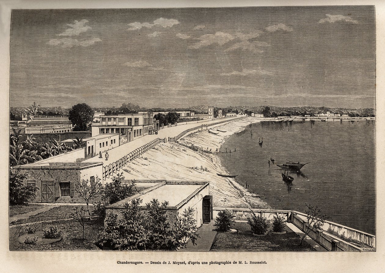 Chandernagor (actual Chandannagar, en Bengala Occidental), en las orillas del Ganges, grabado después del dibujo de J.Moynet, ilustrando el viaje en India de los Rajás, en 1864-1868, por Louis Rousselet, publicado en "Le tour du monde" 1874, editado por de Jean Pierre Moynet