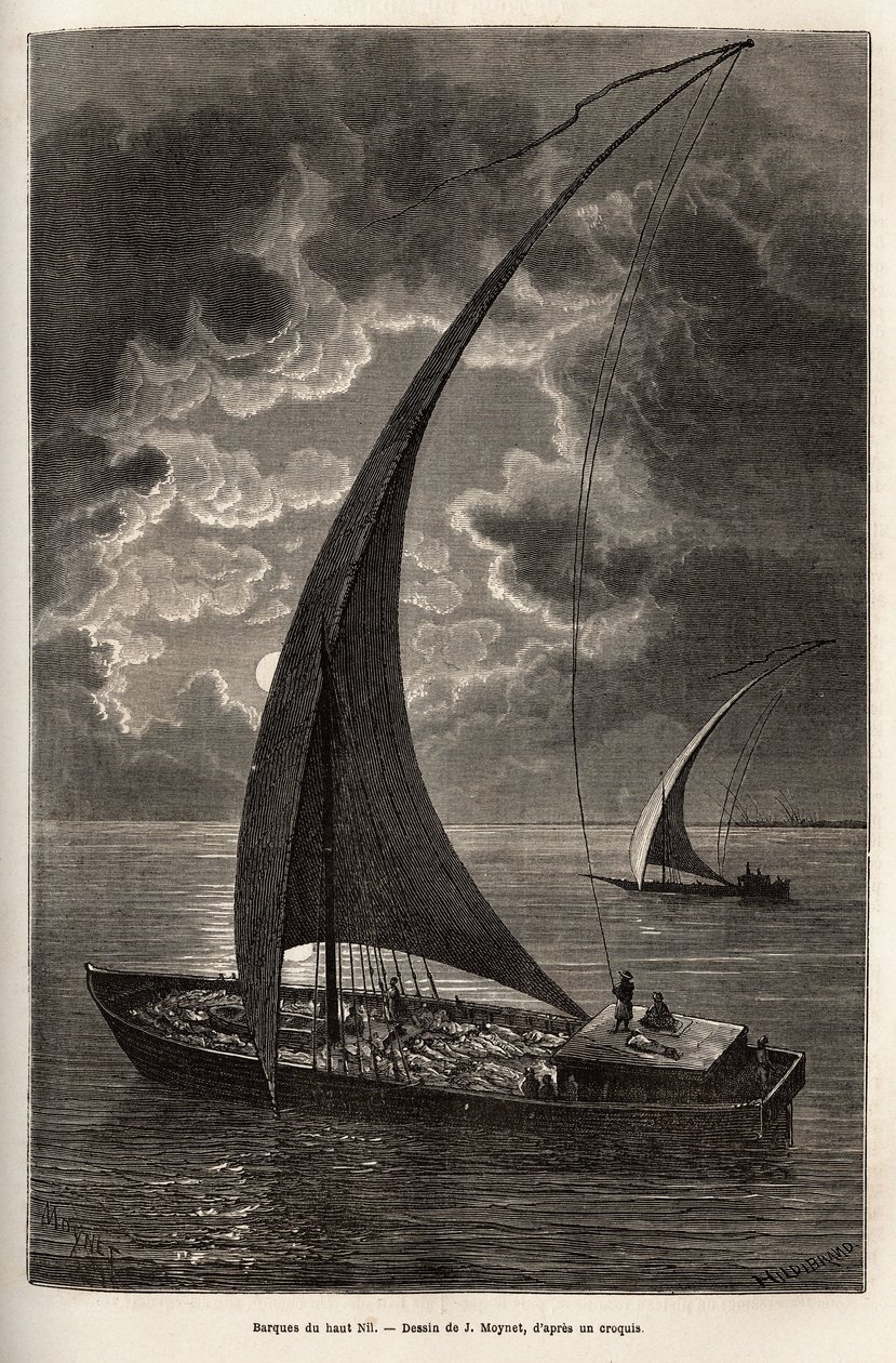 Las barcas del alto Nilo, tripulación reducida y pasajeros durmiendo en cubierta, a la luz de la luna, grabado después del dibujo de J.Moynet, ilustrando el viaje al corazón de África en 1868-1871, por el Dr. Georges Schweinfurth, publicado en “Le tour du  de Jean Pierre Moynet