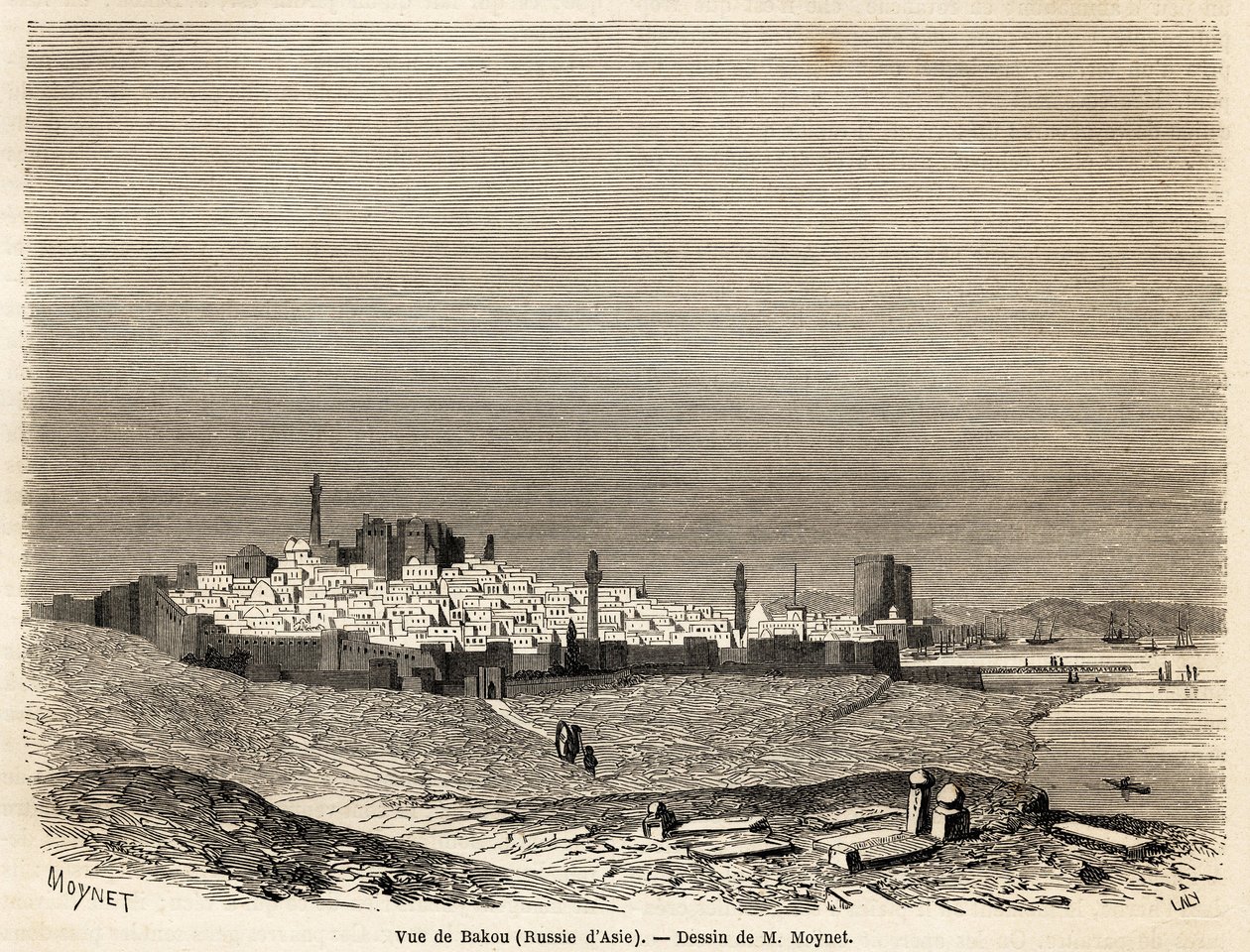 Vista de Bakú (Rusia, Azerbaiyán), dibujo de Mr. Moynet, para ilustrar el viaje a la costa del Mar Caspio, en octubre de 1858, por Mr. Moynet. Grabado en “Le tour du monde, nouveau journal des voyages” París de Jean Pierre Moynet