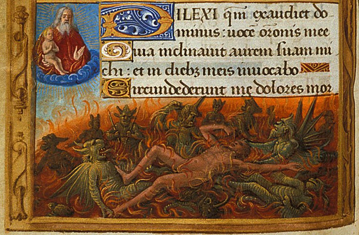 Libro de horas, detalle: Dives atormentado por demonios y observado por el alma de Lázaro, c. 1500 de Jean Poyet