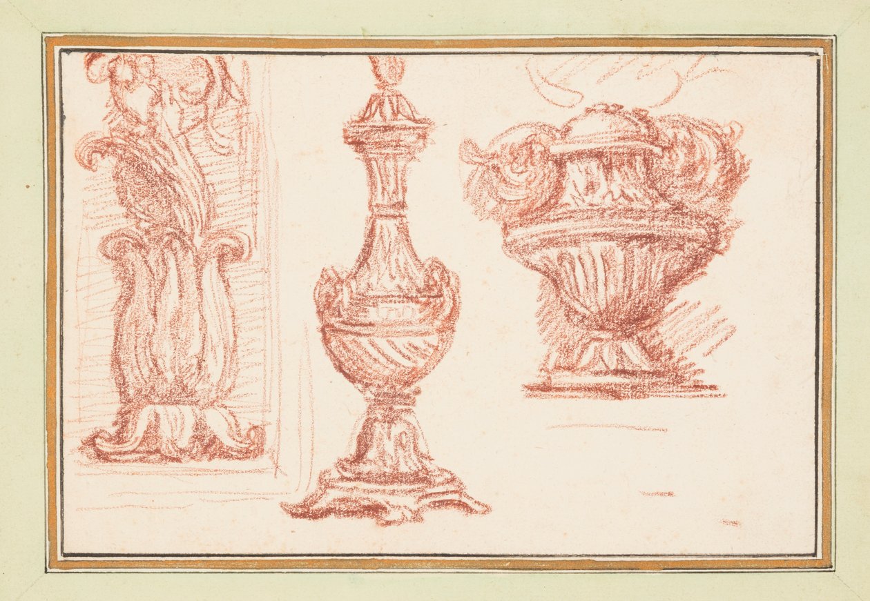 Dos urnas y un detalle ornamental de Jean Robert Ango