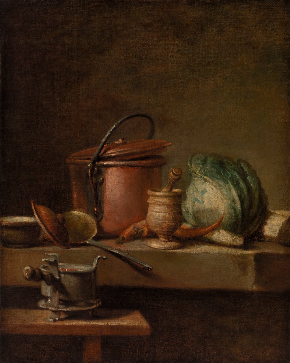 Bodegón con olla de cobre, repollo, mortero y estufa de Jean Baptiste Simeon Chardin