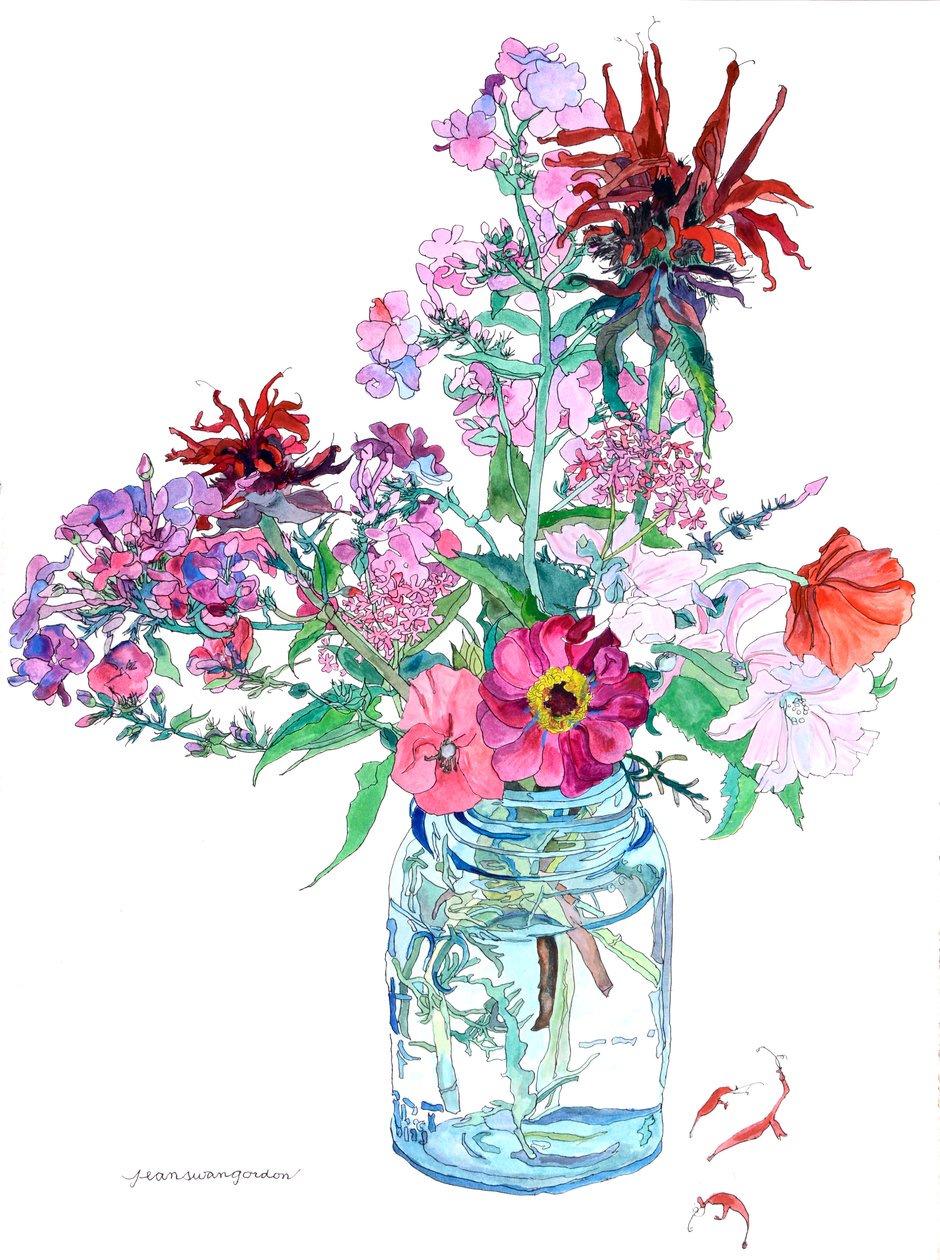 Bálsamo de abeja y amapolas en un tarro de cristal, 2009 (acuarela y tinta sobre papel) de Jean Swan Gordon