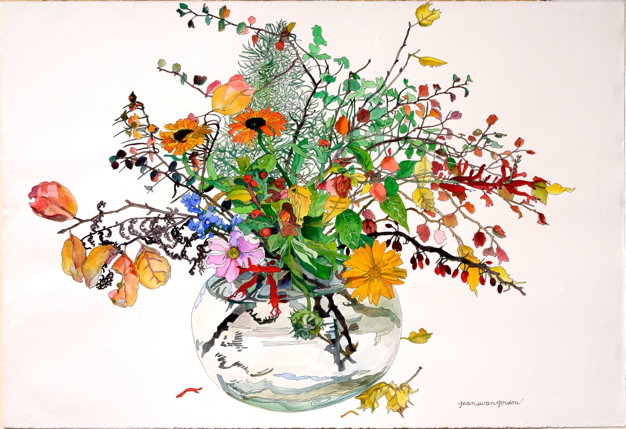 Plenitud del otoño en cuenco de cristal (acuarela y tinta sobre papel) de Jean Swan Gordon