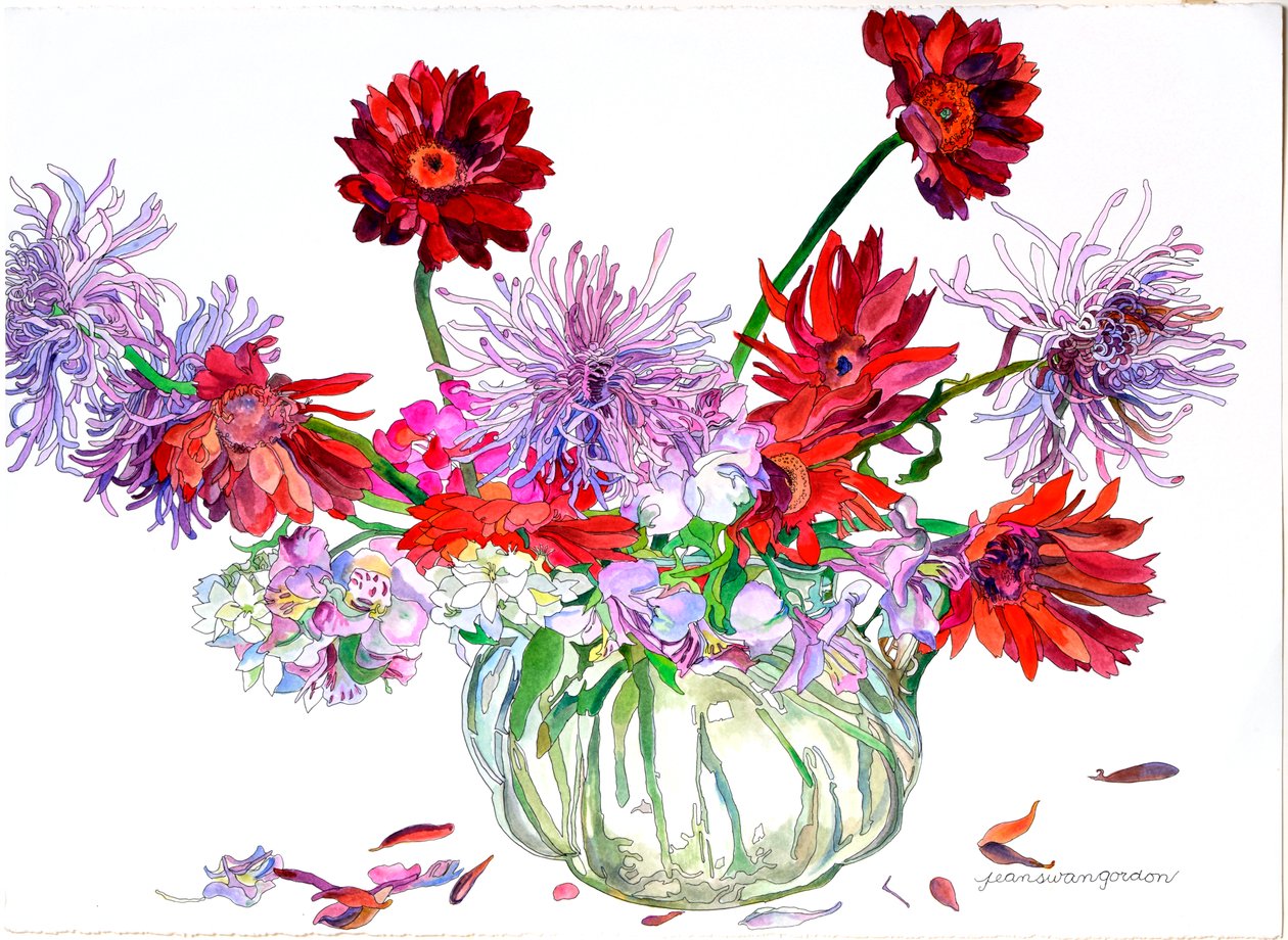 Gerberas, estrella de Belén, crisantemos araña, jarra Heisey, 2000 (acuarela y tinta sobre papel) de Jean Swan Gordon