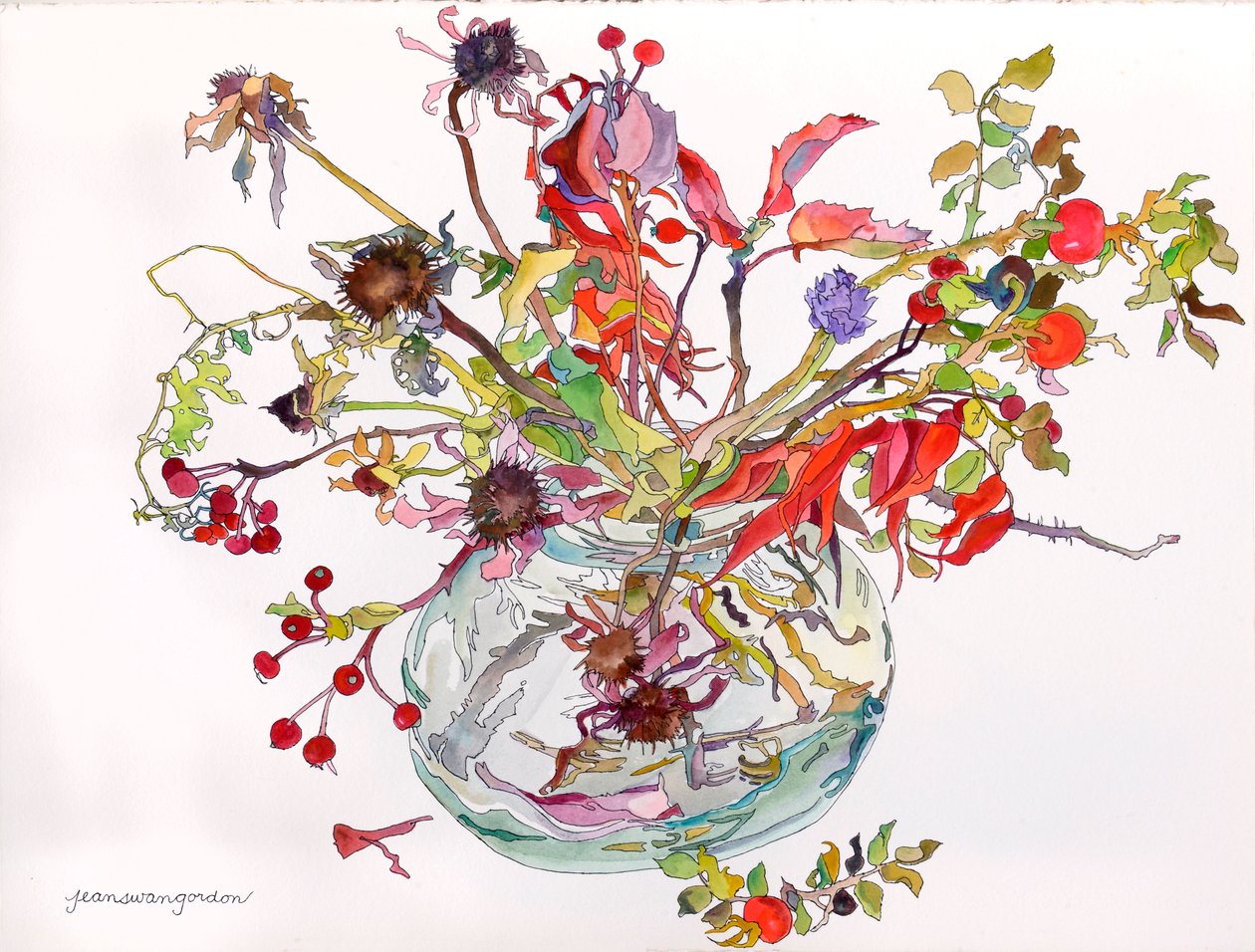Last of Autumn Color in Glass Bowl (acuarela y tinta sobre papel) de Jean Swan Gordon