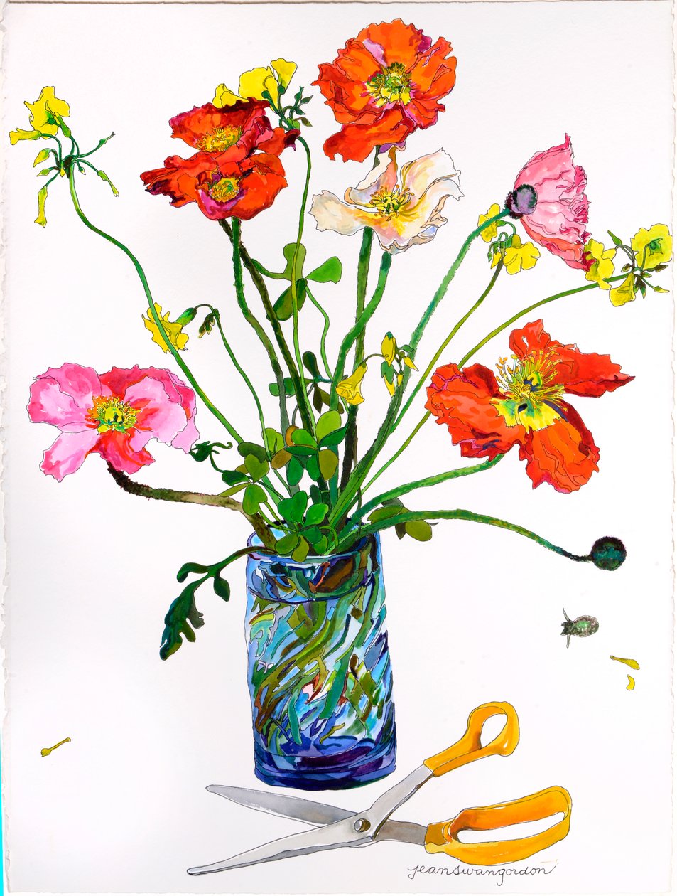 Amapolas, jarrón azul y tijeras (acuarela y tinta sobre papel) de Jean Swan Gordon