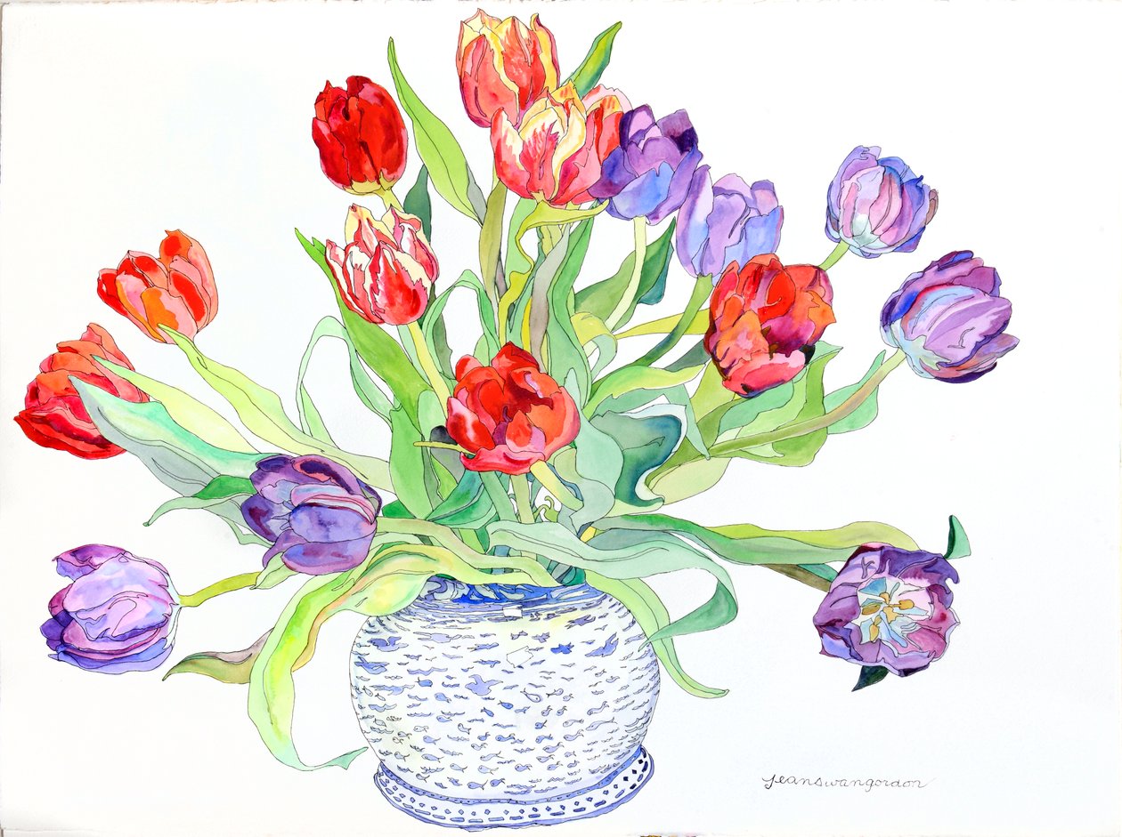 Tulips in Bowl With Painted Fish  Bird Design, 2006 (acuarela y tinta sobre papel) de Jean Swan Gordon