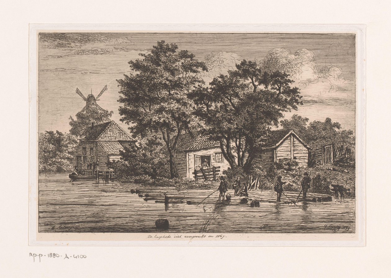Vista del chaleco inglés en Amberes sobre el que se recogen troncos de árboles, edificios y un molino al fondo El chaleco inglés completado en 1867 (título sobre objeto) de Jean Théodore Joseph Linnig
