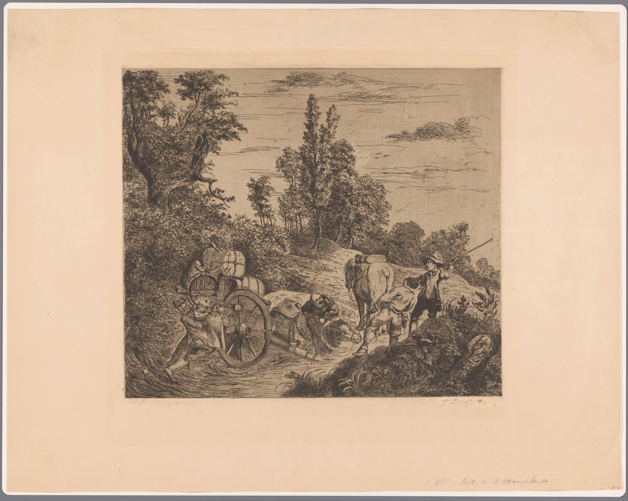 Paisaje que muestra una carreta atascada en el agua que está siendo levantada hasta la orilla por un grupo de hombres de Jean Théodore Joseph Linnig