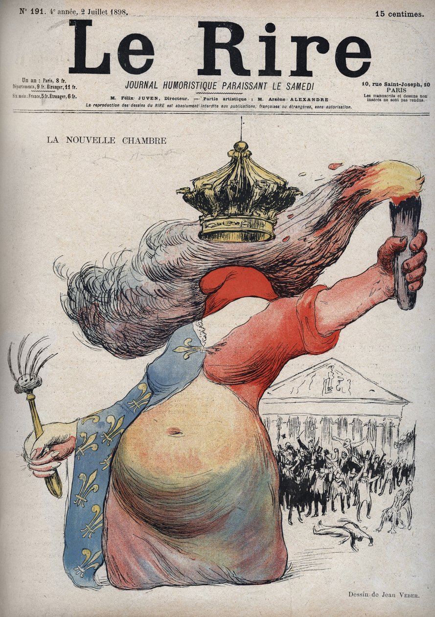 La nueva sala - Marianne con su rostro cubierto por un gorro frigio - Marianne vestida con un vestido en dos partes: un lado rojo y el otro decorado con flores de lis - (La caricatura se refiere a la división política entre republicanos y monárquicos) - di de Jean Veber