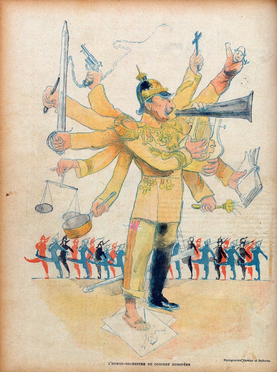 Guillermo II (1859-1941) (Kaiser Wilhelm II emperador alemán y rey de Prusia) - el hombre orquesta del concierto europeo - caricatura en “Le Rire” del 26 de noviembre de 1898 - caricatura de Jean Veber (1864-1928) - número dedicado a Guillermo II (1859-194 de Jean Veber