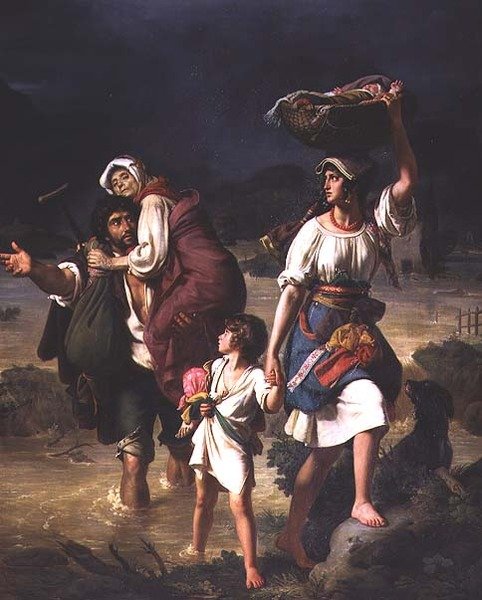 Campesinos romanos huyendo de la inundación del río Tíber de Jean Victor Schnetz