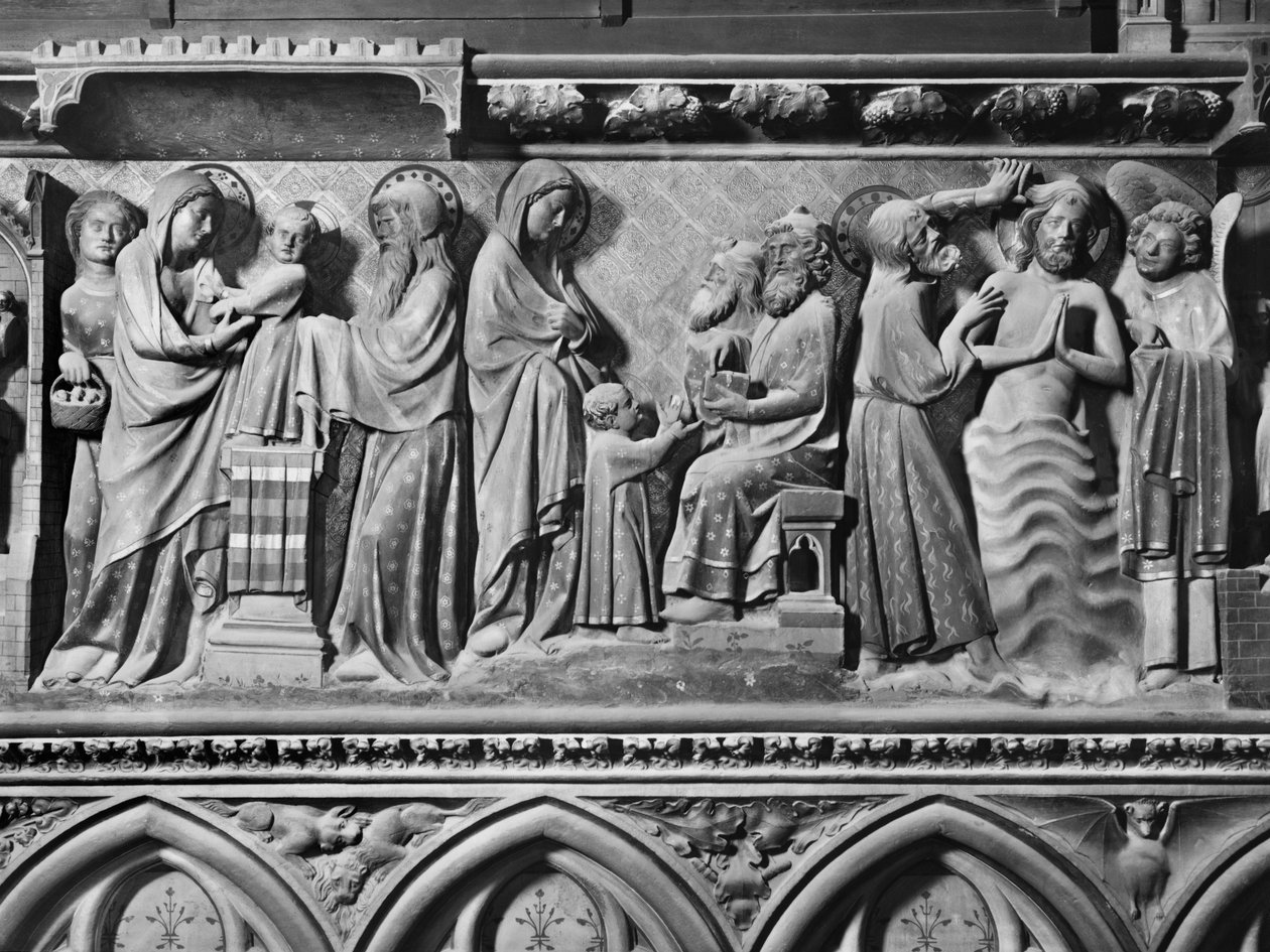 Kathedrale, Innenraum, Chorschranke, Darstellung Jesu im Tempel, Jesus unter den Schriftgelehrten, Taufe Christi, ca. 1340-51 von Jean and Jean Le Boutellier Ravy