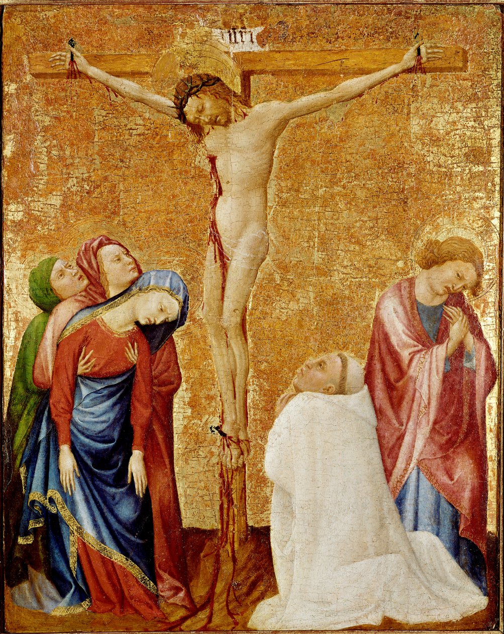 Calvario al monje cartujo. Las tres vírgenes y San Juan rodean la cruz. Un monje cartujo se arrodilla al pie de Cristo de Jean de Beaumetz
