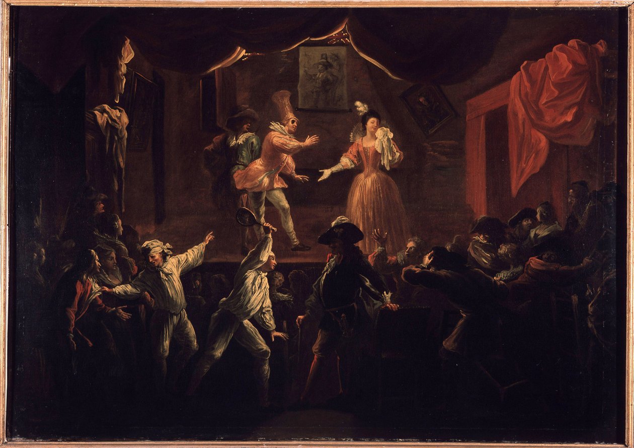 Éxitos deplorables de esta pieza. Uno de los jugadores de palma, cuya ropa había sido robada, da un gran golpe a La Rapiniere. Ilustración de "El Roman cómico" de Paul Scarron (1610-1660) de Jean de Coulom