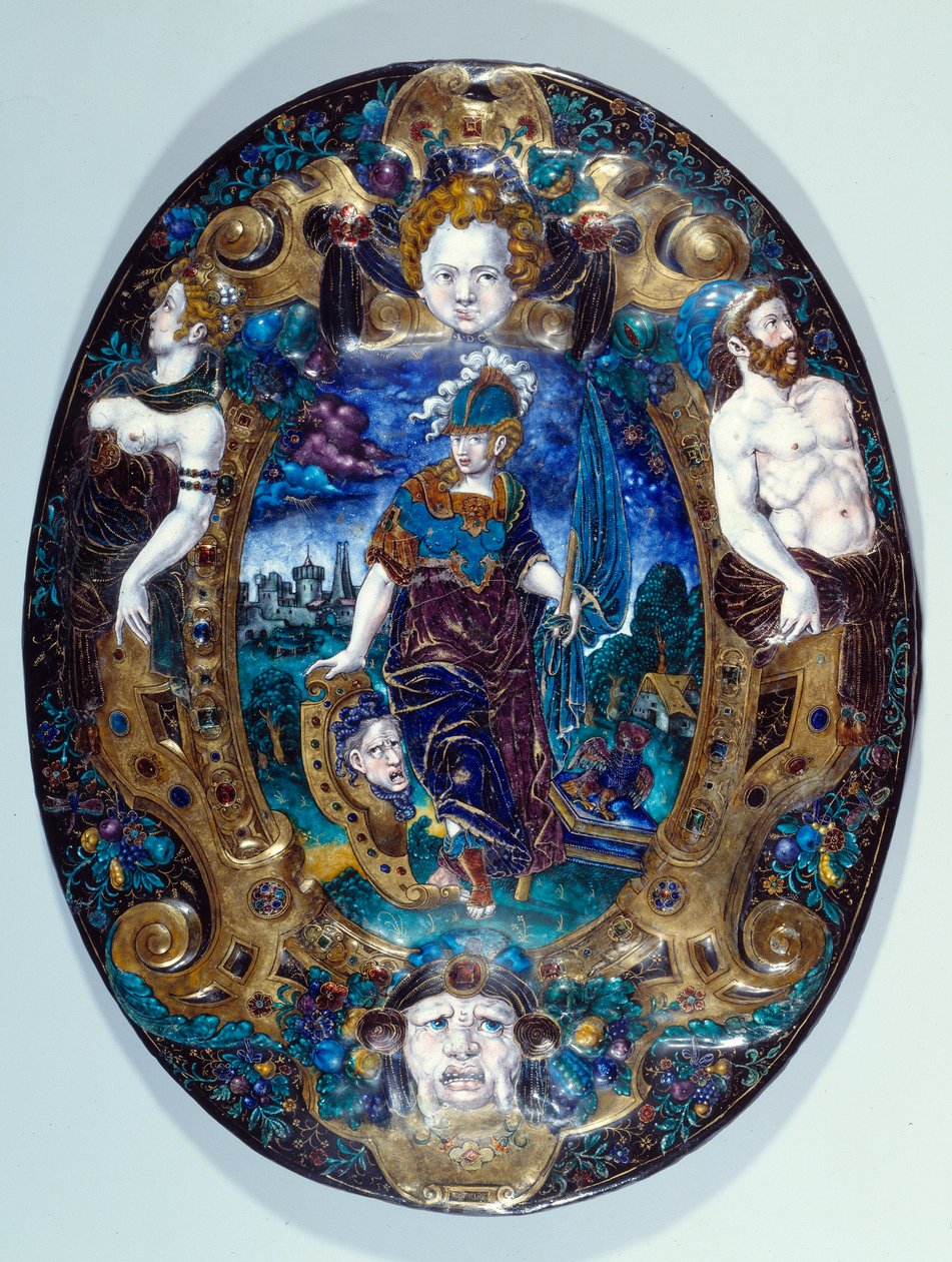 Bandeja de esmalte pintado representando a Minerva sobre fondo de paisaje creada por Jean Court dit Vigier (siglo XVI) (pintor esmaltador en LIMOGES) París, Museo del Louvre de Jean de Court
