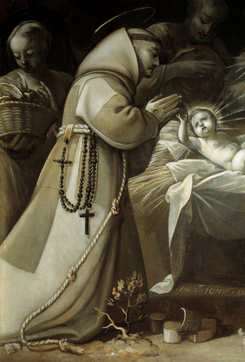 Adoración de los pastores Un monje rezando ante el niño Jesús. Pintura de Jean de Saint Igny de Jean de Saint Igny
