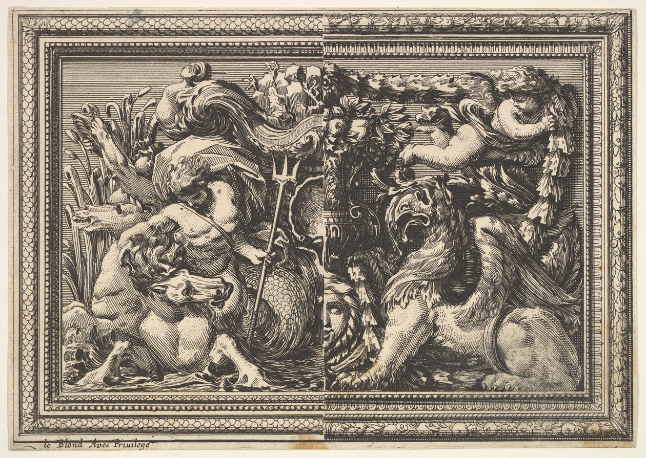 Diseño para un panel con dos variantes que contienen un hipocampo y un grifo, de: Ornements..., 1651 de Jean le Pautre