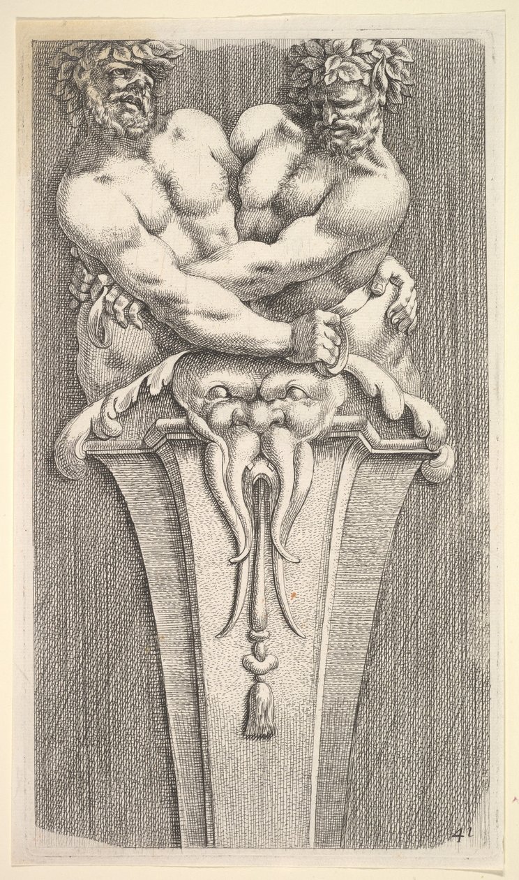 Diseño para un término con dos figuras báquicas, de: Curieuses recherches de plusieurs beaus ..., 1645 de Jean le Pautre