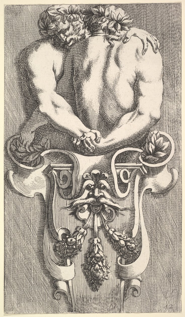 Diseño para un Término con Dos Sátiros Abrazados, de: Curieuses recherches de plusieurs beaus..., 1645 de Jean le Pautre