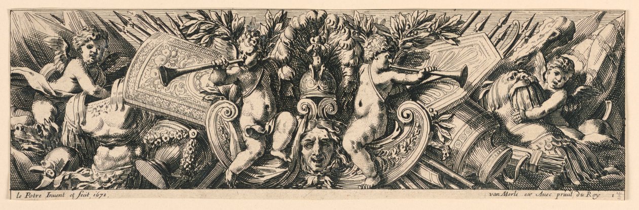 Friso: Trofeos de armas y putti de Jean le Pautre