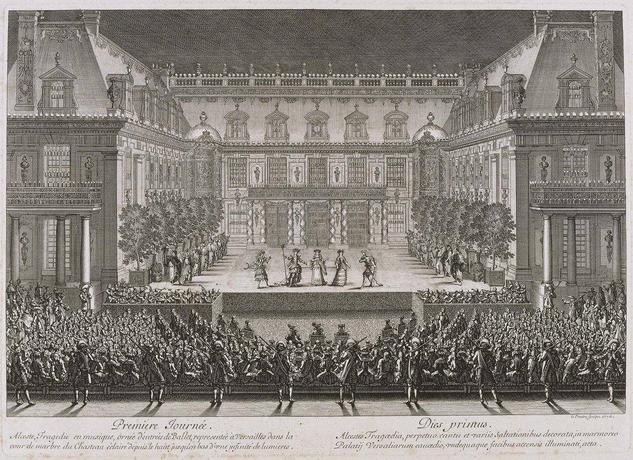 Ópera Alceste de Jean-Baptiste Lully representada en el patio de mármol del Palacio de Versalles de Jean le Pautre