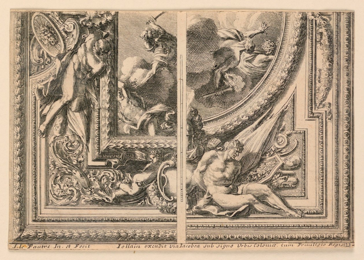 Hoja con dos diseños para decoraciones de techo, de "Plafons à la Romaine" de Jean le Pautre