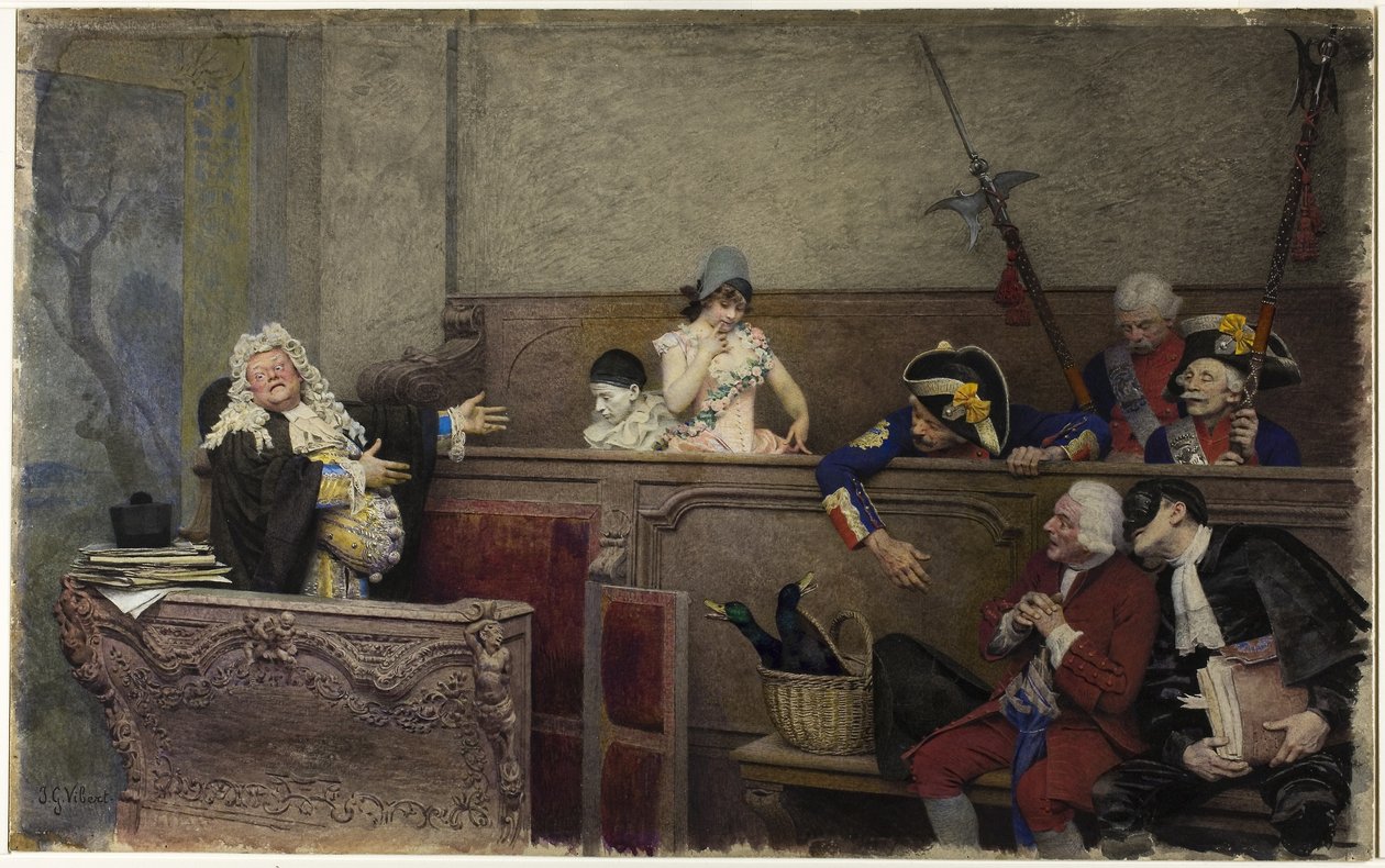Juicio a Pierrot (acuarela y gouache, sobre grafito, sobre tabla crema) de Jean or Jehan Georges Vibert