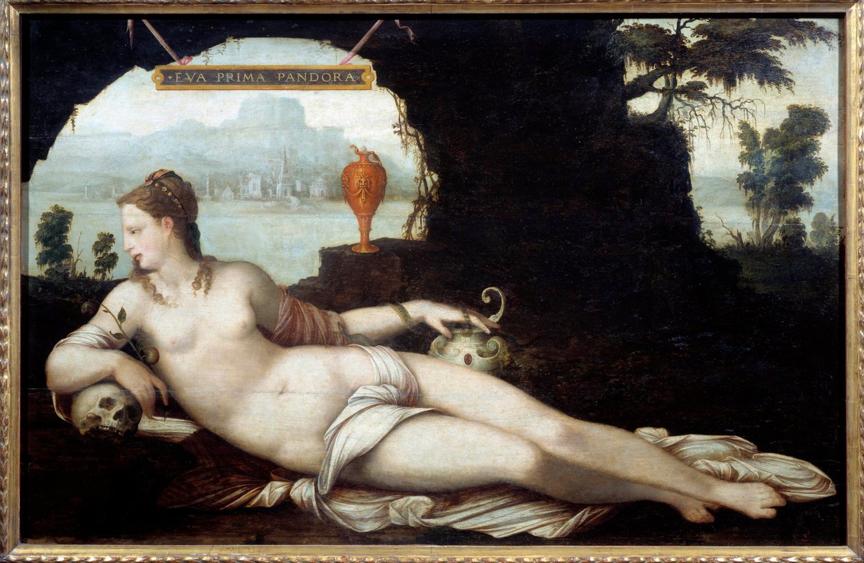 Eva Prima Pandora, representación de una mujer que combina las características de Eva y Pandora, quienes trajeron todo el mal a la tierra. Pintura (Vanitas) de Jean Cousin llamado el Padre (1490-1560) siglo XVI de Jean the Elder Cousin